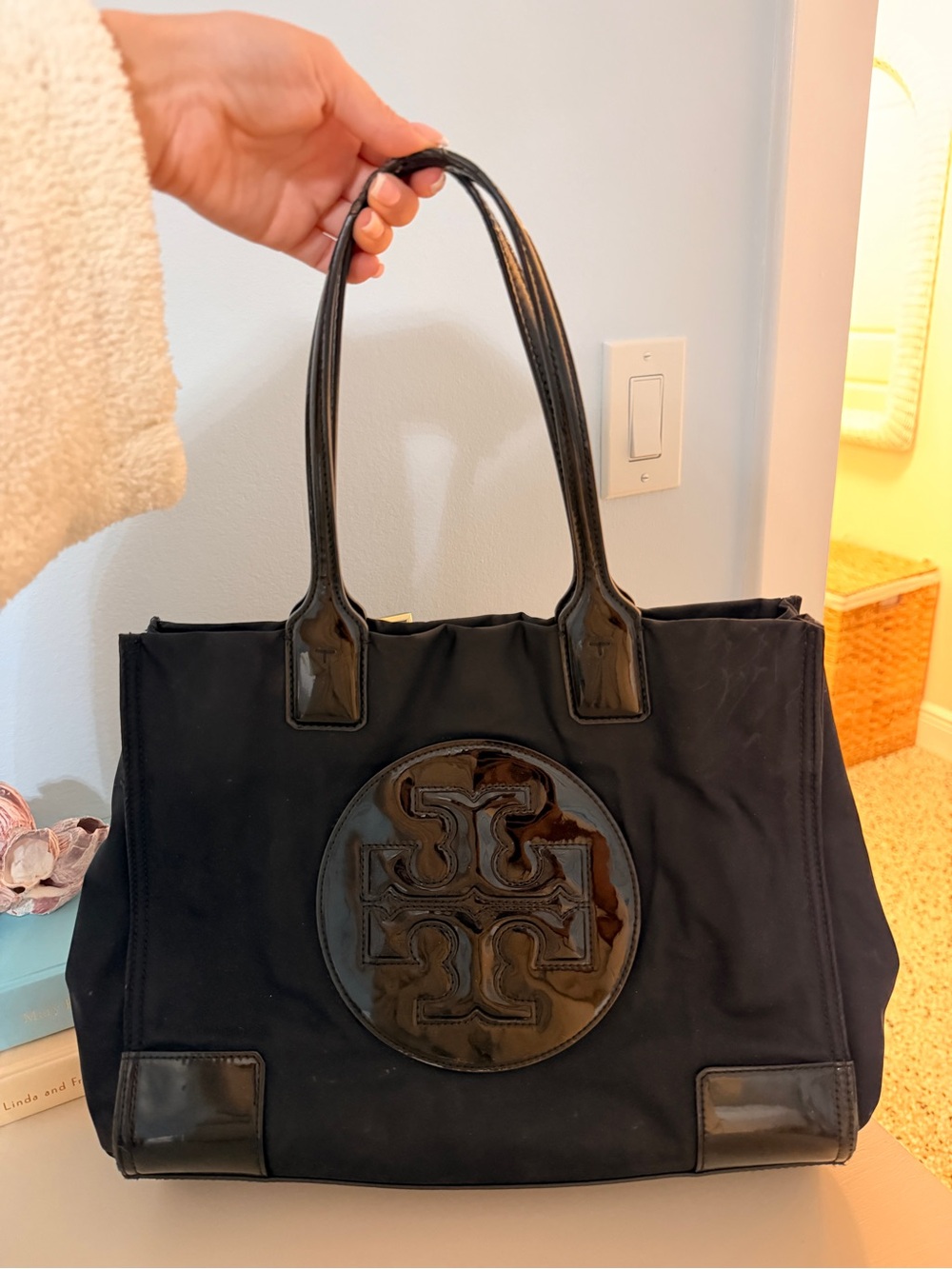 Tory Burch Black Nylon Tote with Patent Logo